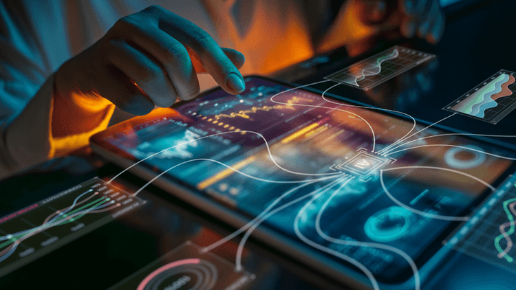 A hand interacting with a digital tablet displaying data analytics and visualizations