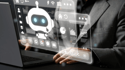 Person in a suit interacts with a holographic chatbot interface above a laptop
