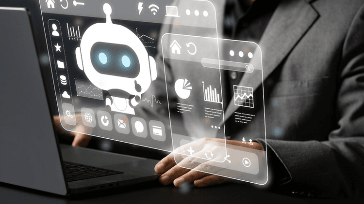 Person in a suit interacts with a holographic chatbot interface above a laptop