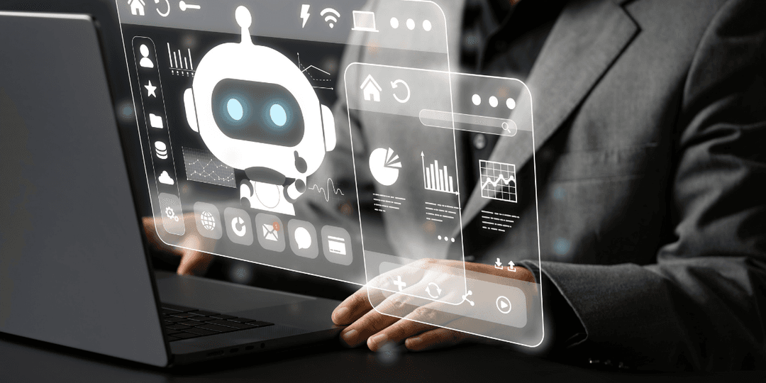 Person in a suit interacts with a holographic chatbot interface above a laptop