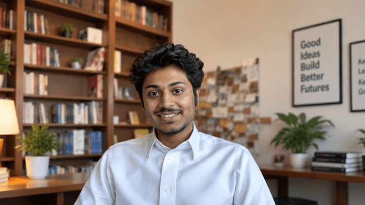 A man in a white shirt smiles in a cozy library setting with books and plants