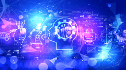 Abstract illustration of AI concepts with gears, robots, and digital elements on a vibrant background