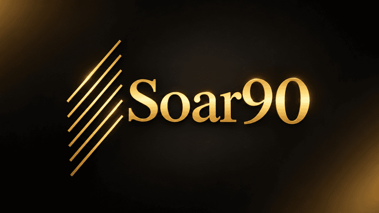 Gold logo of "Soar90" with diagonal lines on a dark background