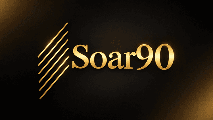 Gold logo of "Soar90" with diagonal lines on a dark background