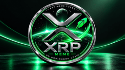 Illustration of an XRP meme token with a green and black cosmic background