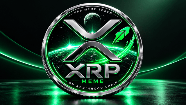 Illustration of an XRP meme token with a green and black cosmic background