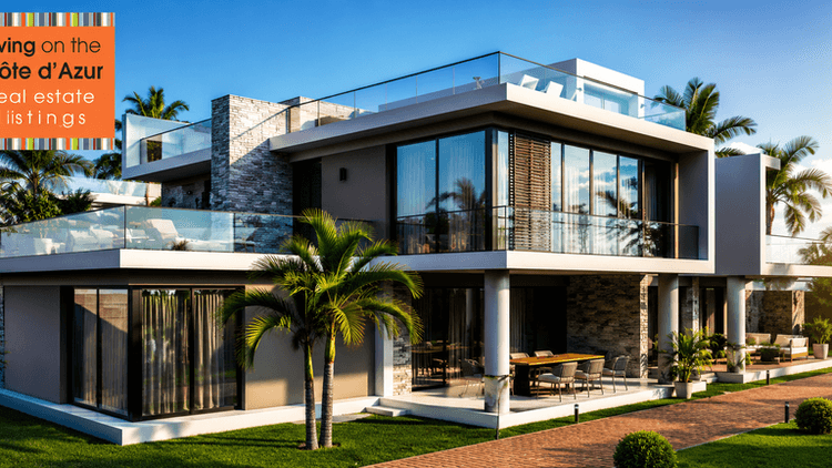 Modern luxury villa with large windows, surrounded by tropical greenery and outdoor seating