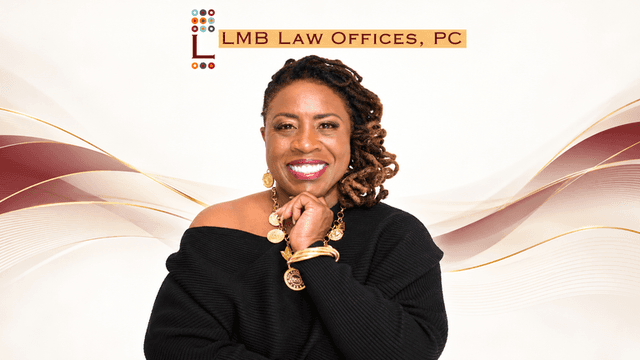 Smiling woman in black attire posing with arms crossed beside LMB Law Offices logo