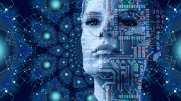 Abstract digital artwork of a humanoid face with circuit patterns and cosmic background