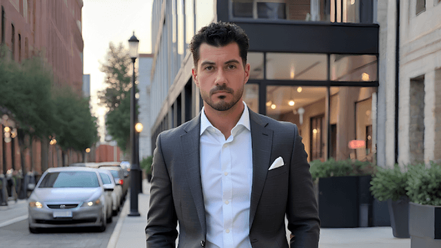 A man in a suit stands confidently on a city street.