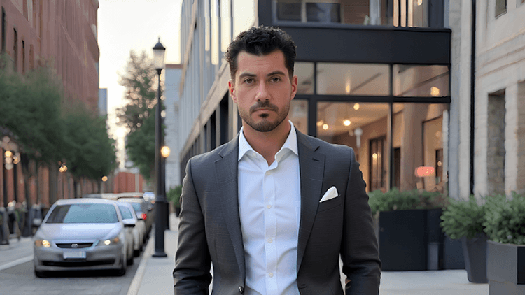 A man in a suit stands confidently on a city street.