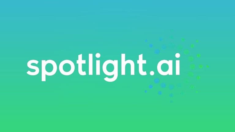 The image shows the text "spotlight.ai" in white on a blue-to-green gradient background. Dotted circular patterns appear on the right, creating a dynamic feel.