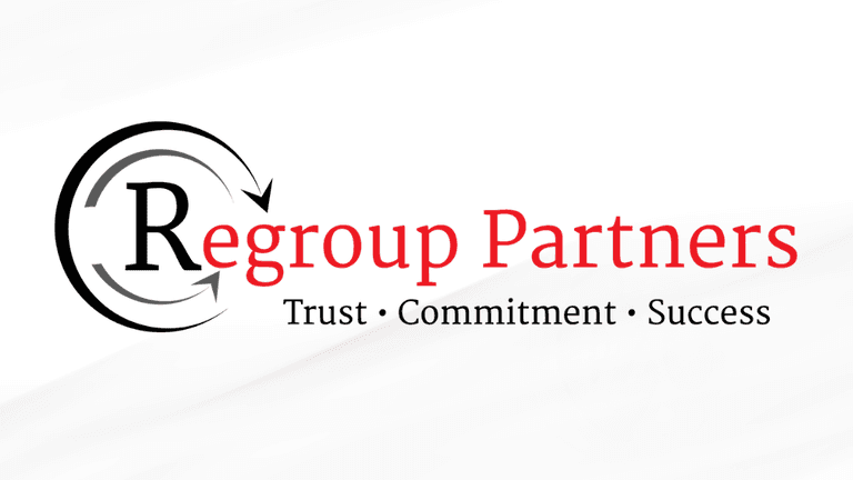 Regroup Partners logo featuring a circular arrow design and text 'Regroup Partners' with the tagline 'Trust • Commitment • Success