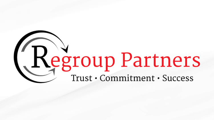Regroup Partners logo featuring a circular arrow design and text 'Regroup Partners' with the tagline 'Trust • Commitment • Success