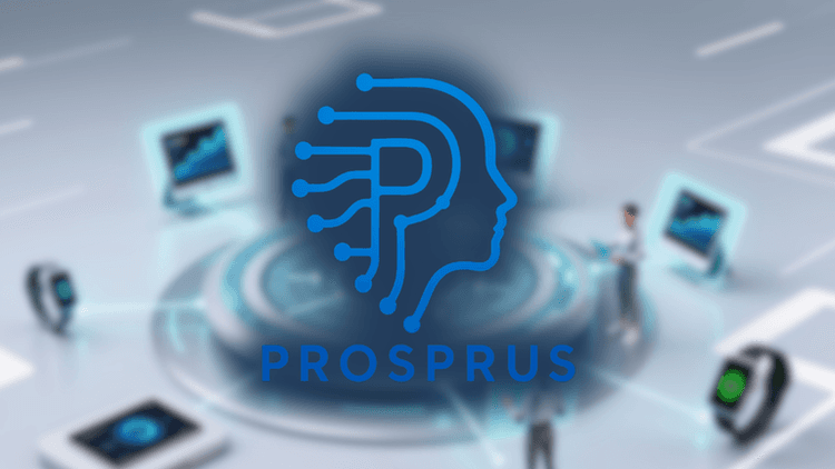 Prosprus AI logo over smart devices, symbolizing innovative communication and lead management solutions for small businesses.