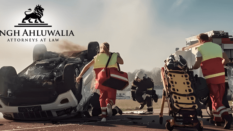 Emergency responders assist at a car accident scene, with Singh Ahluwalia Attorneys at Law logo, offering legal support