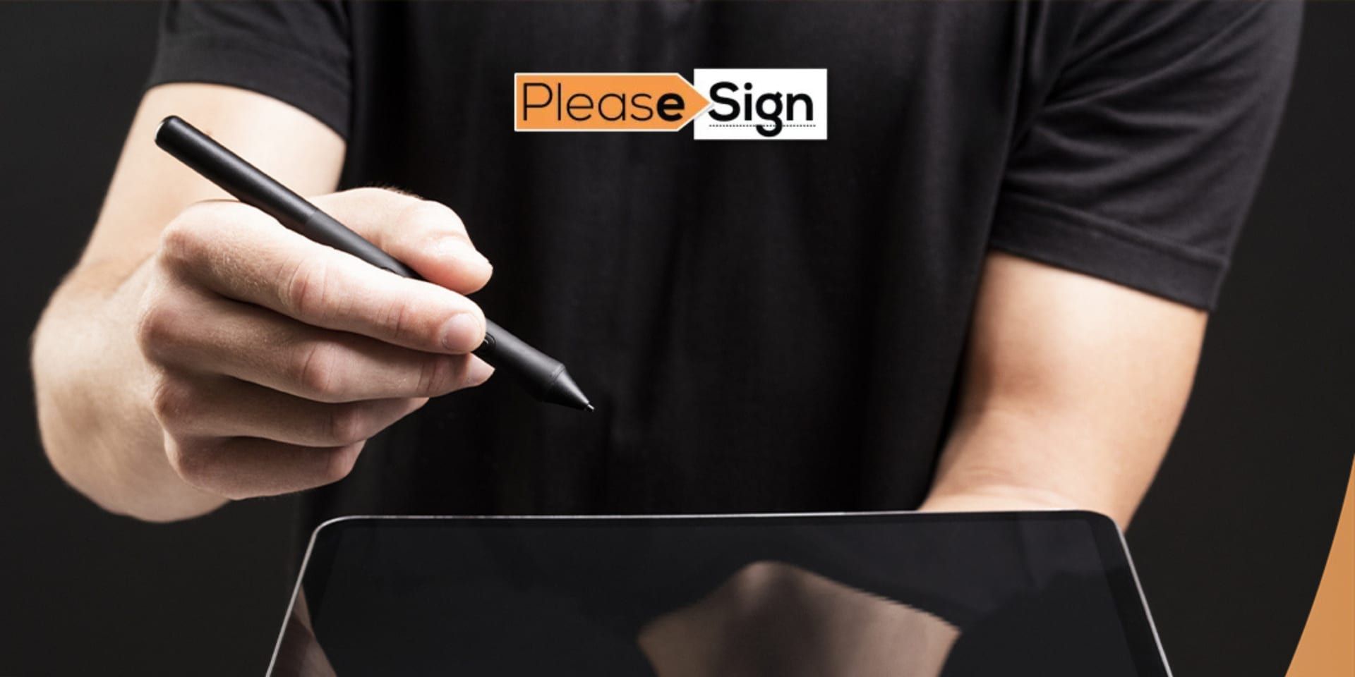 Person holding a stylus above a tablet with PleaseSign logo displayed.