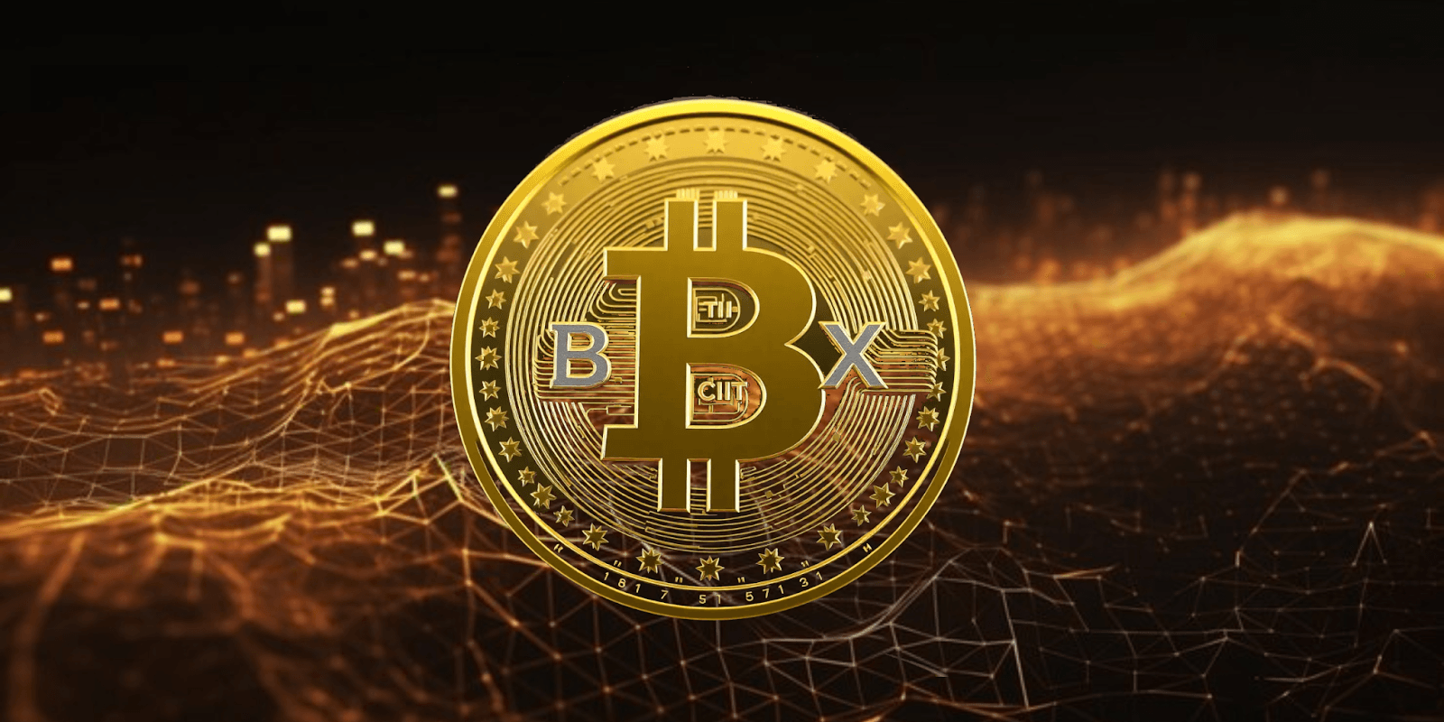 Golden Bitcoin XAI coin over a digital network background symbolizing AI-driven finance and cryptocurrency innovation.