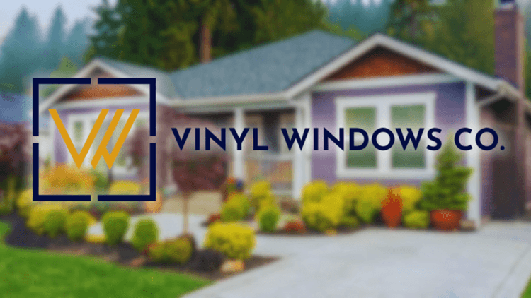 Image of house with Vinyl Windows Co logo: A modern home featuring vibrant landscaping with Vinyl Windows Co logo in foreground.