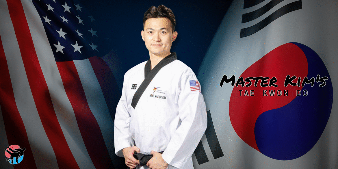 Master Kim in taekwondo uniform with U.S. and South Korean flags, promoting Master Kim’s Tae Kwon Do - Meridian