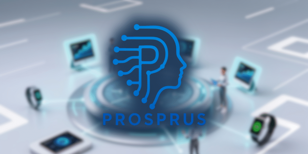 Prosprus AI logo over smart devices, symbolizing innovative communication and lead management solutions for small businesses.