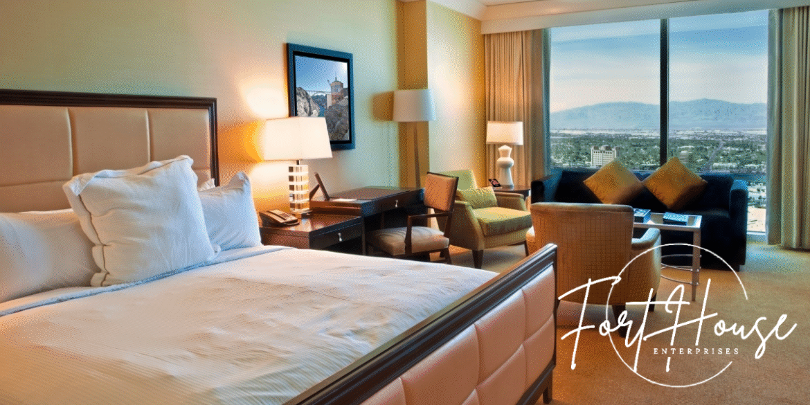 Modern hotel-style office suite with city and mountain view, representing Fort House Enterprises’ stability and trusted business lending solutions.