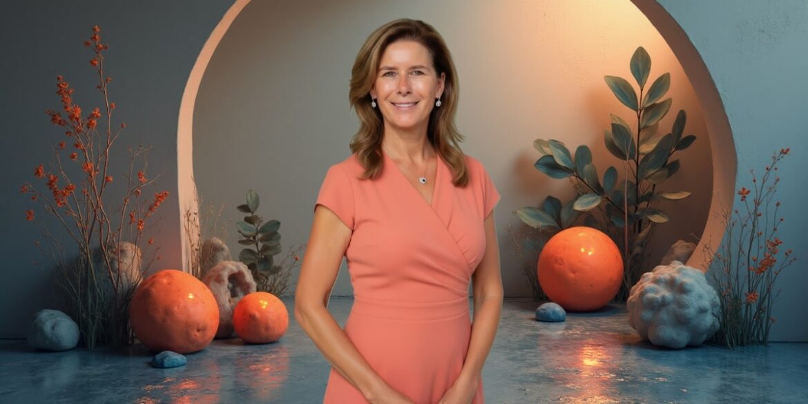 "Helena Demuynck, founder of oxygen4leadership, standing confidently in front of a soft, minimalist background, symbolizing leadership and authenticity."