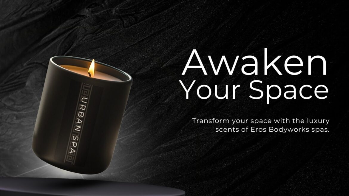 Image of Eros Bodyworks Signature Candle featuring a sleek black container with a lit wick, promoting luxury fragrances for transforming spaces.