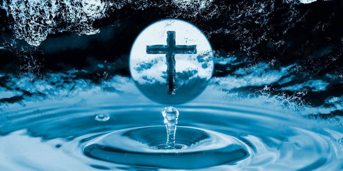 A symbolic image of faith, featuring a cross in a water droplet, representing spiritual transformation.