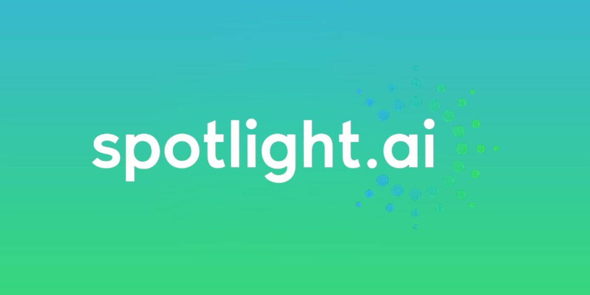 The image shows the text "spotlight.ai" in white on a blue-to-green gradient background. Dotted circular patterns appear on the right, creating a dynamic feel.