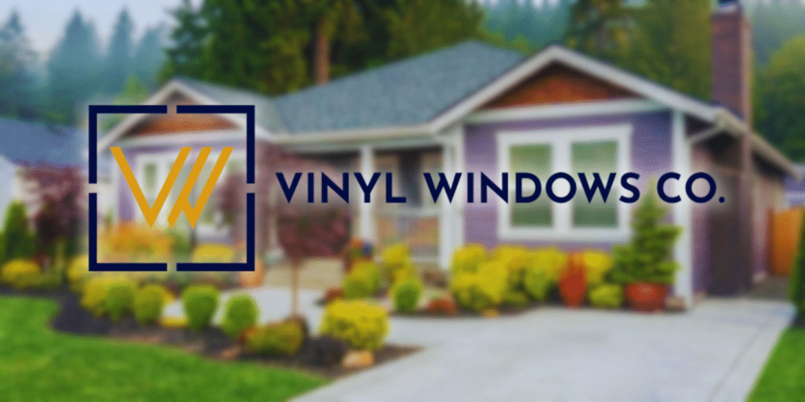Image of house with Vinyl Windows Co logo: A modern home featuring vibrant landscaping with Vinyl Windows Co logo in foreground.