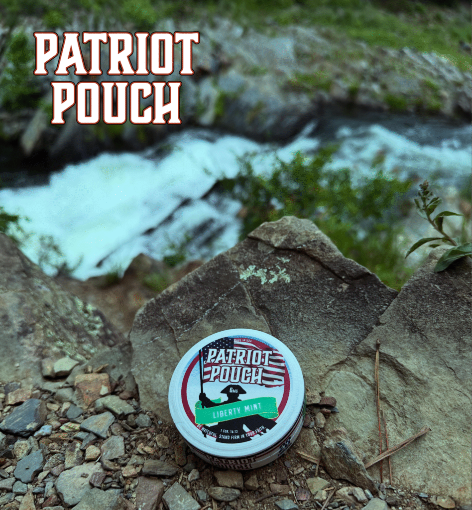 Patriot Pouch Liberty Mint container on rocks beside a rushing stream with Patriot Pouch logo above.