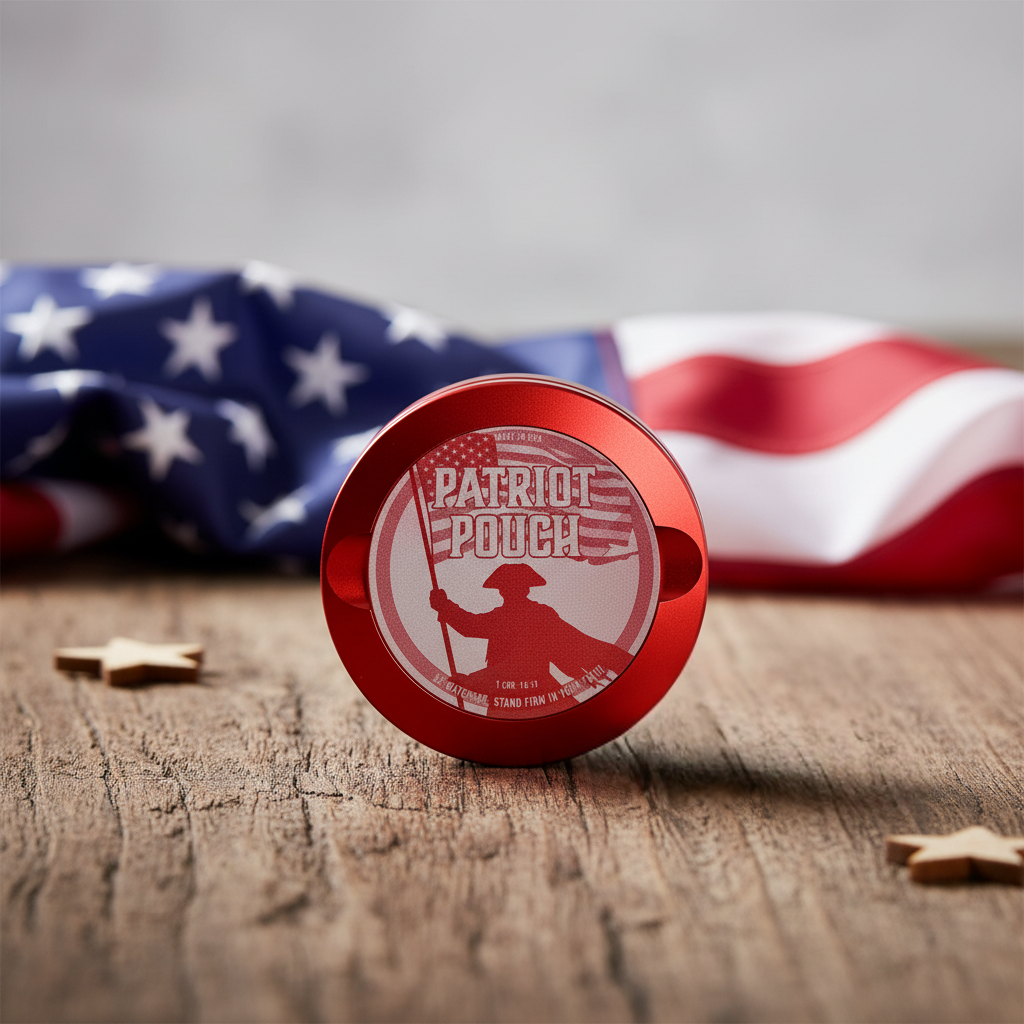 Red Patriot Pouch container on wooden table with blurred American flag background.