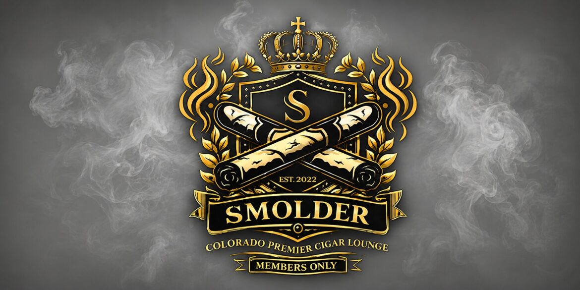 Smolder Cigar Lounge logo with crossed cigars, crown, and smoke on a dark background.